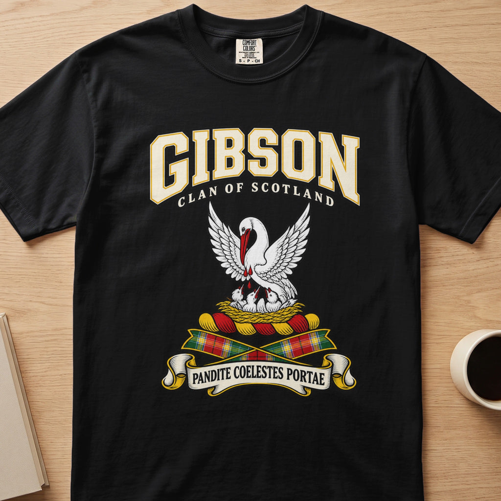 Gibson white bird with lifted wings graphic on a black Comfort Colors T-shirt, front view