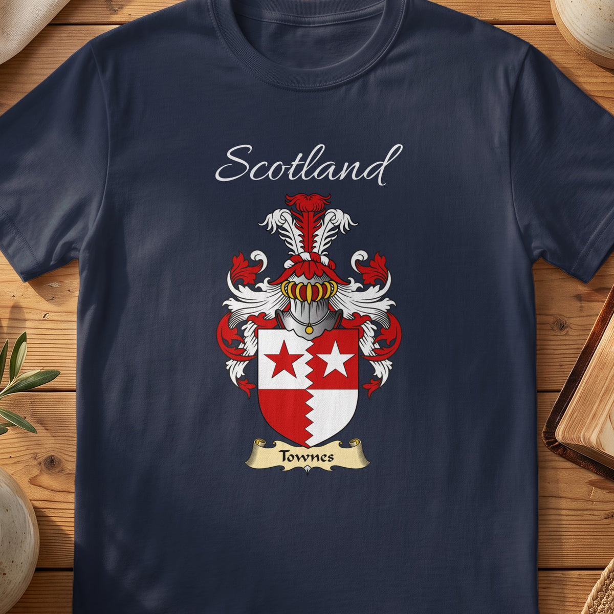 Navy Townes heritage T-shirt laid flat with “Scotland” and the colourful family shield design.