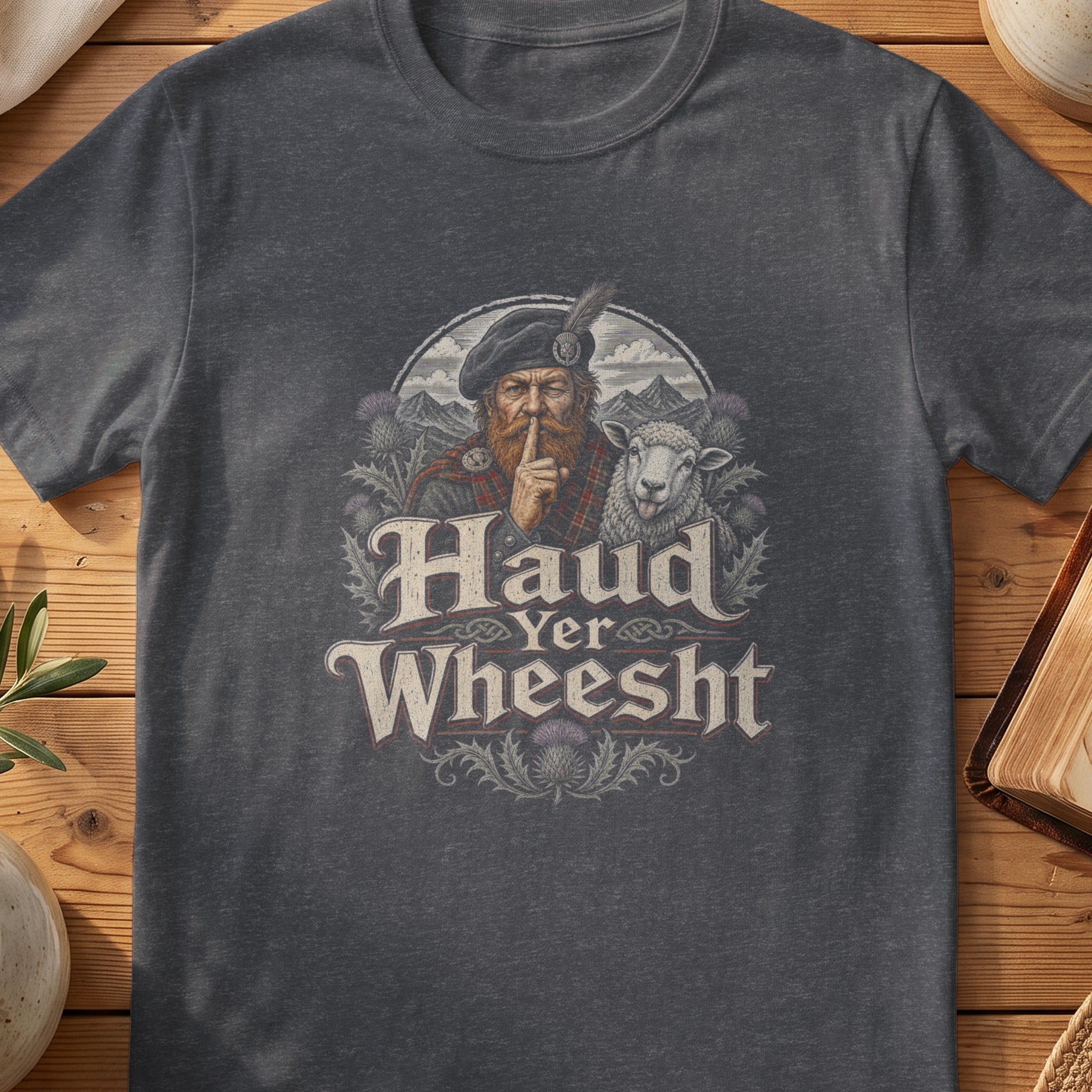 Dark grey Gildan 64000 unisex T-shirt flatlay with Haud Yer Wheesht Scottish graphic design