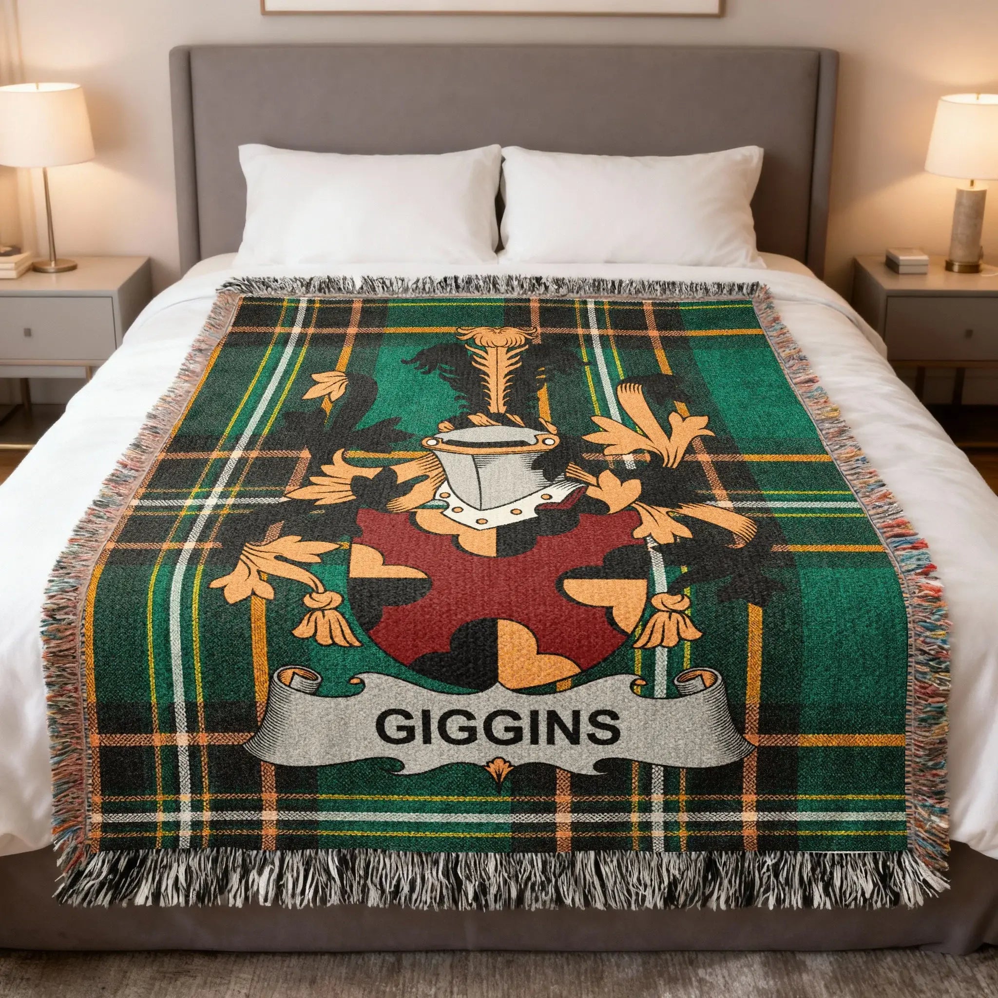 Plaid throw blanket with GIGGINS family crest.