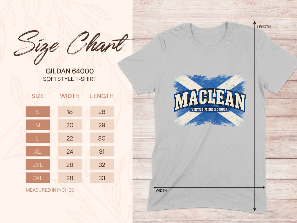 Gildan Softstyle 64000 size chart for the MacLean Saltire T-shirt, showing shirt width and length in inches.
