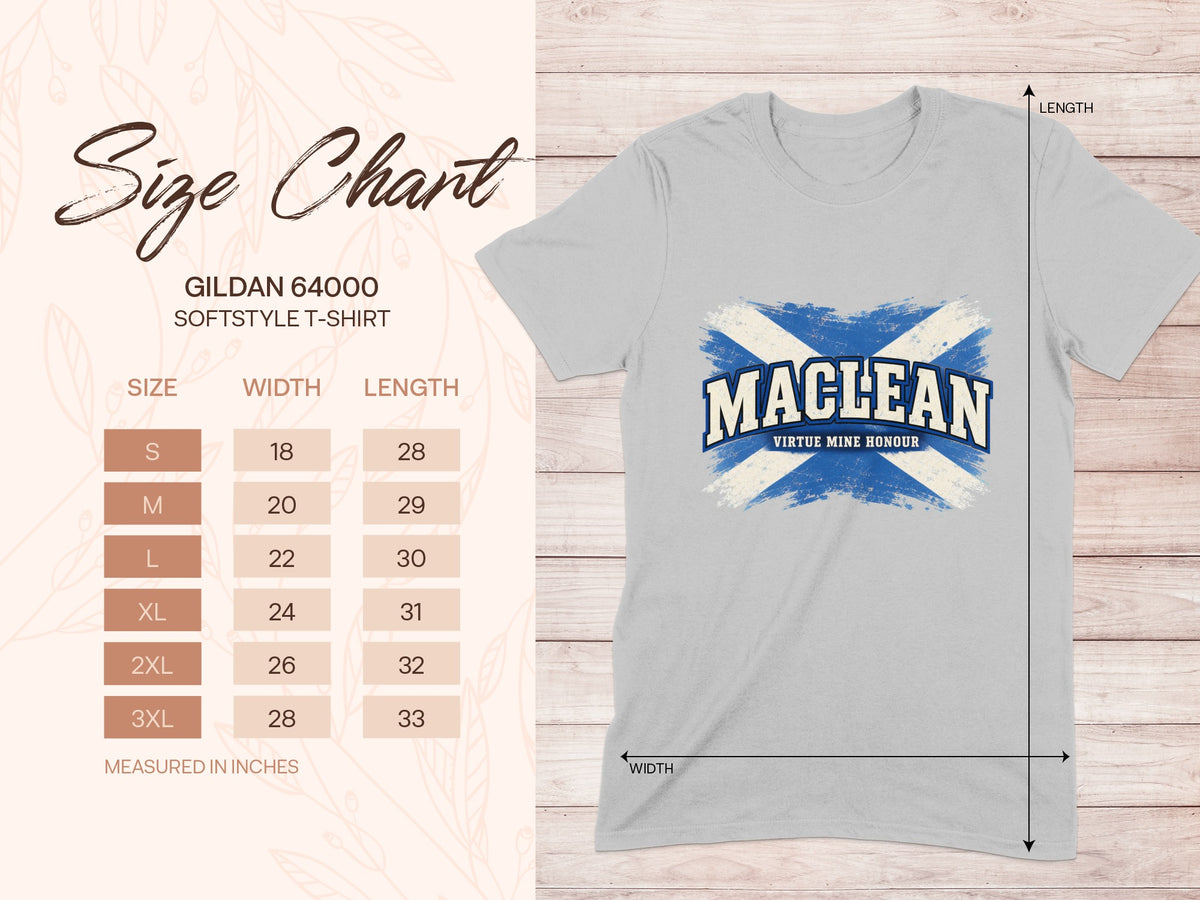 Gildan Softstyle 64000 size chart for the MacLean Saltire T-shirt, showing shirt width and length in inches.
