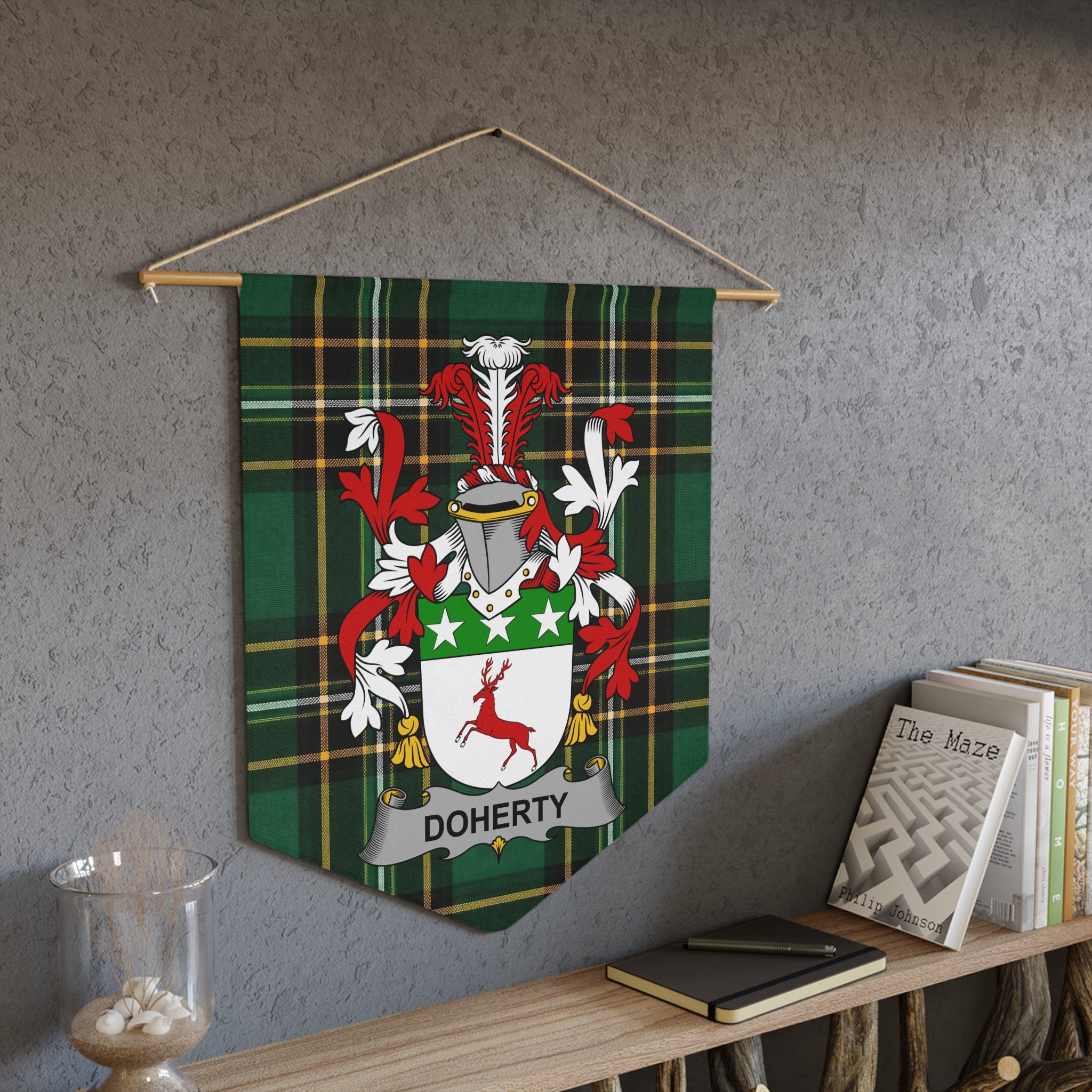 Green plaid banner displaying the Doherty coat of arms with a red stag.