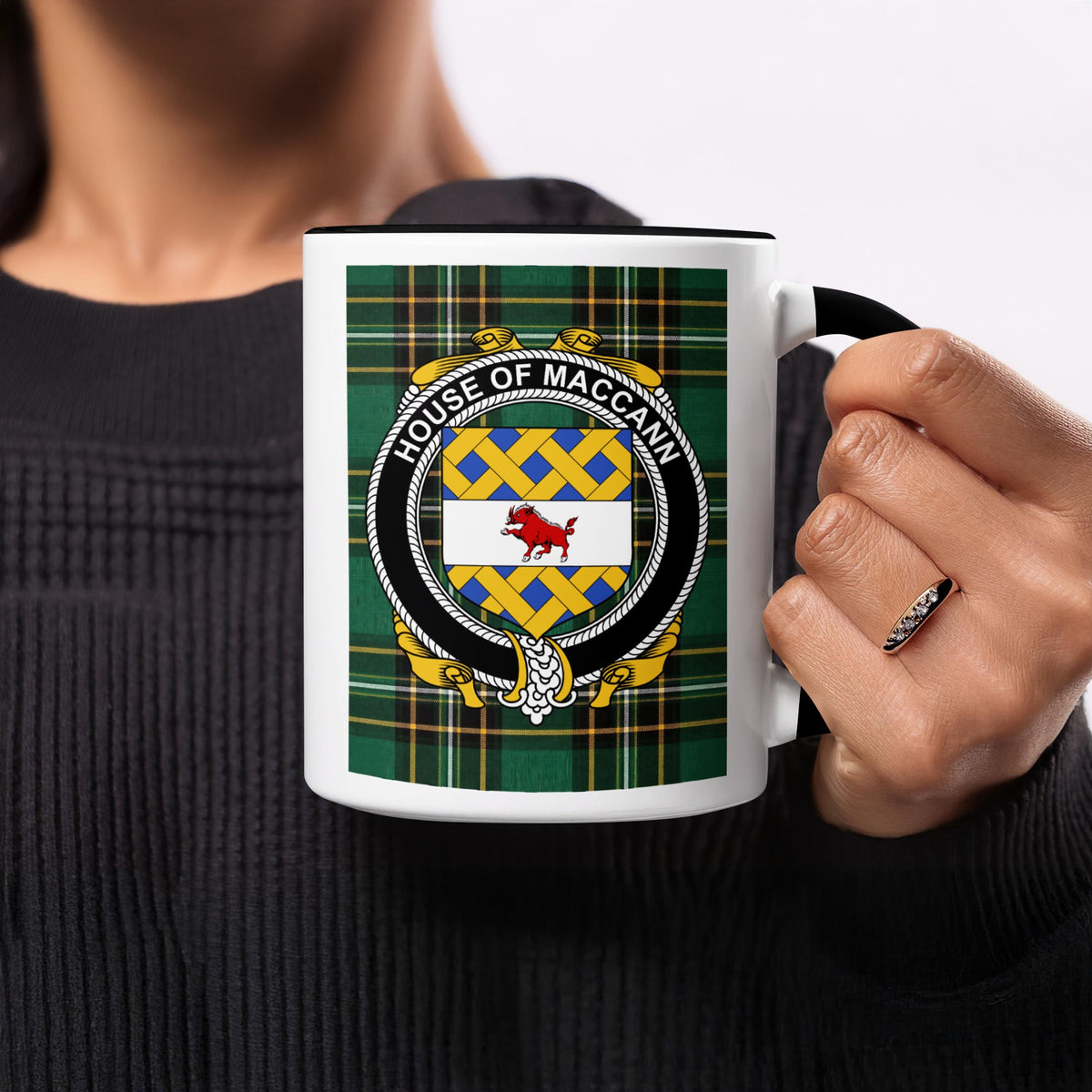 MacCann Irish heritage ceramic mug showing the Irish National Tartan and family crest emblem