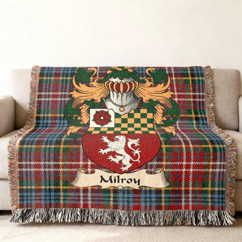 Features of the Milroy Scottish family shield woven blanket with Caledonia tartan background