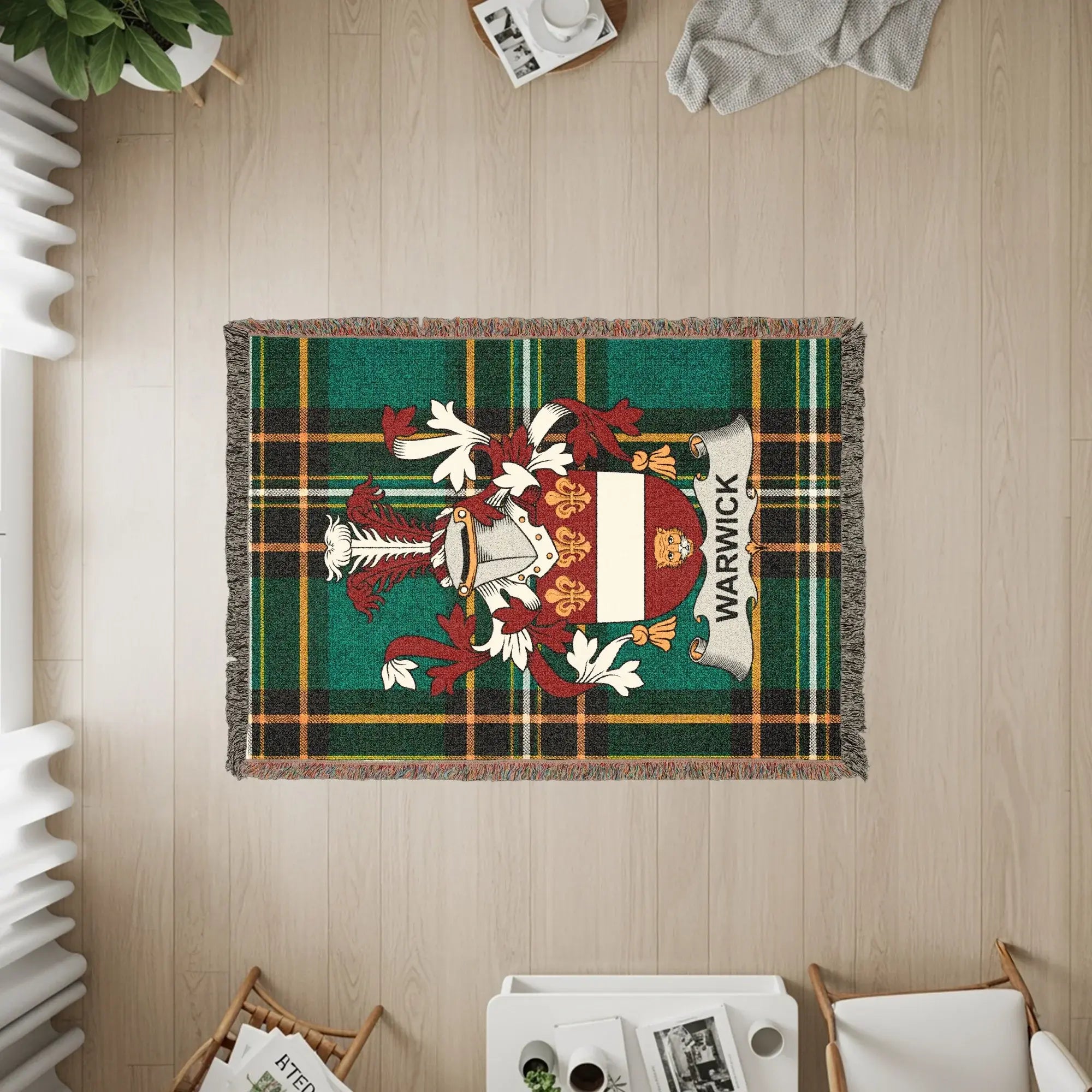 Woven plaid tapestry with Warwick coat of arms.