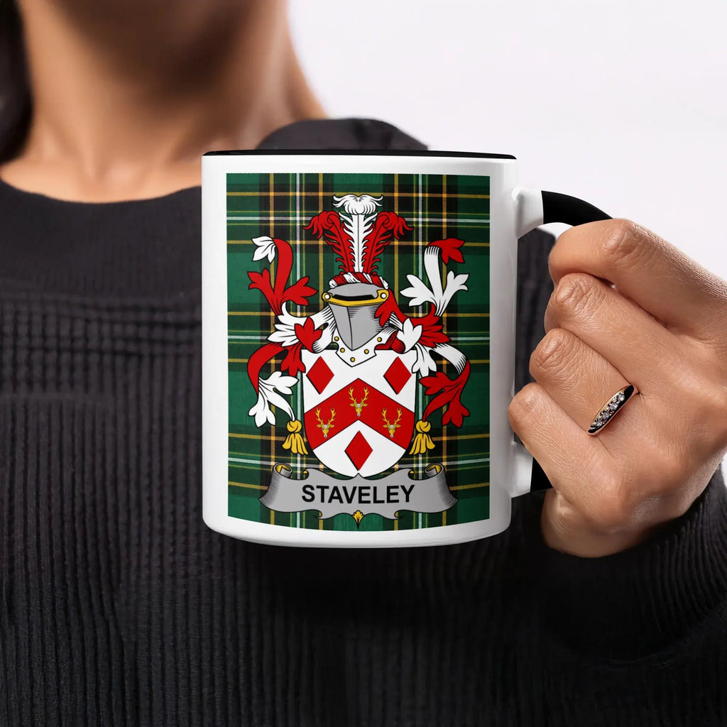 Staveley black accent mug with Irish National Tartan and family crest