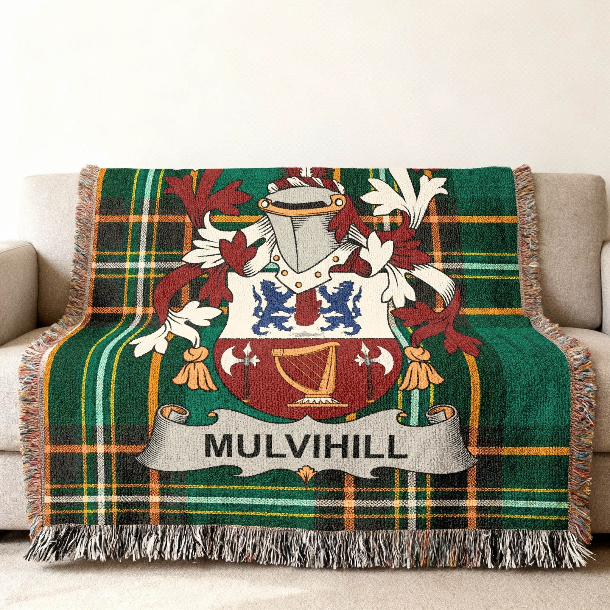 Green tartan throw blanket featuring the Mulvihill family crest.