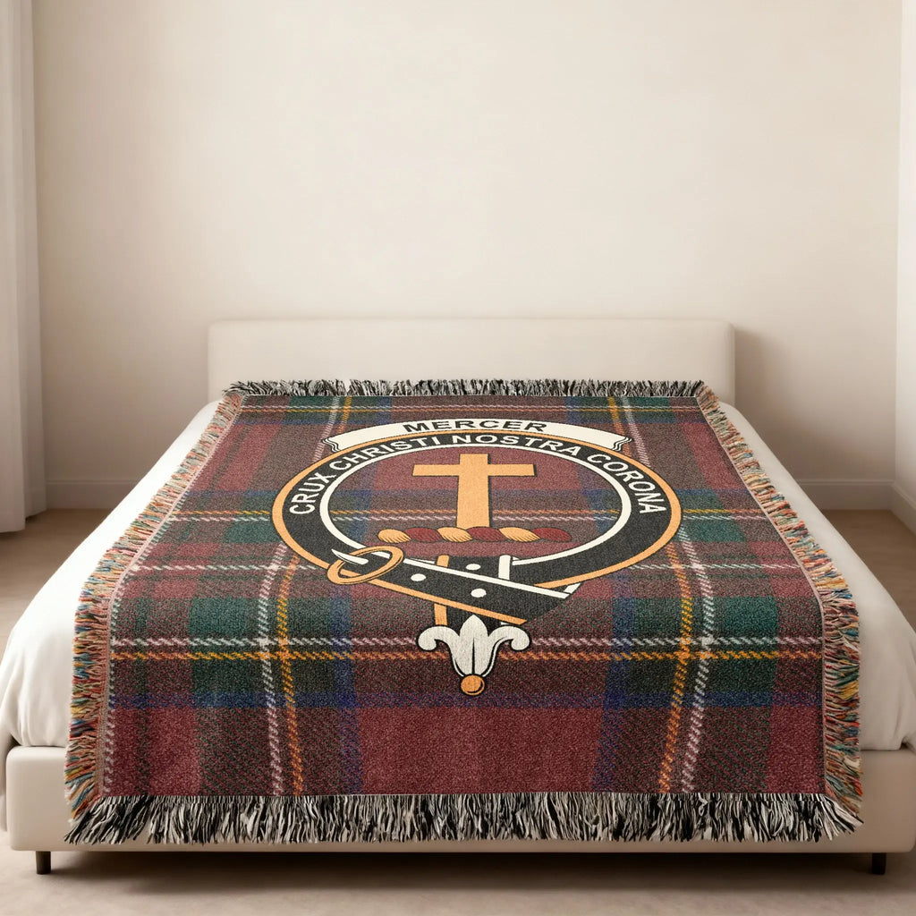 Clan Mercer heirloom woven blanket — tartan and crest woven in, natural cotton feel