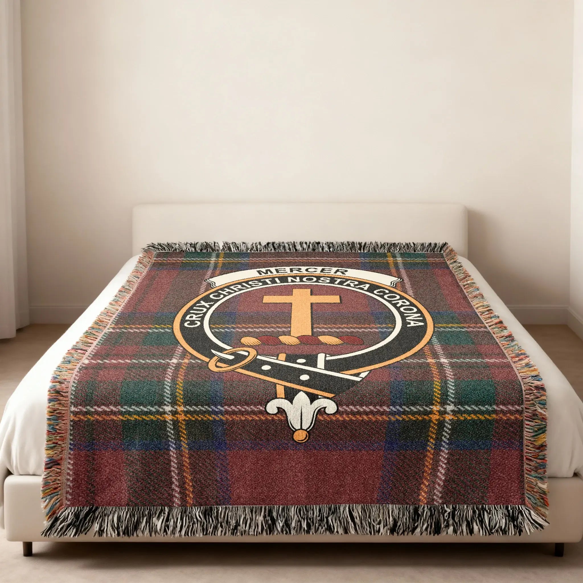 Clan Mercer heirloom woven blanket — tartan and crest woven in, natural cotton feel