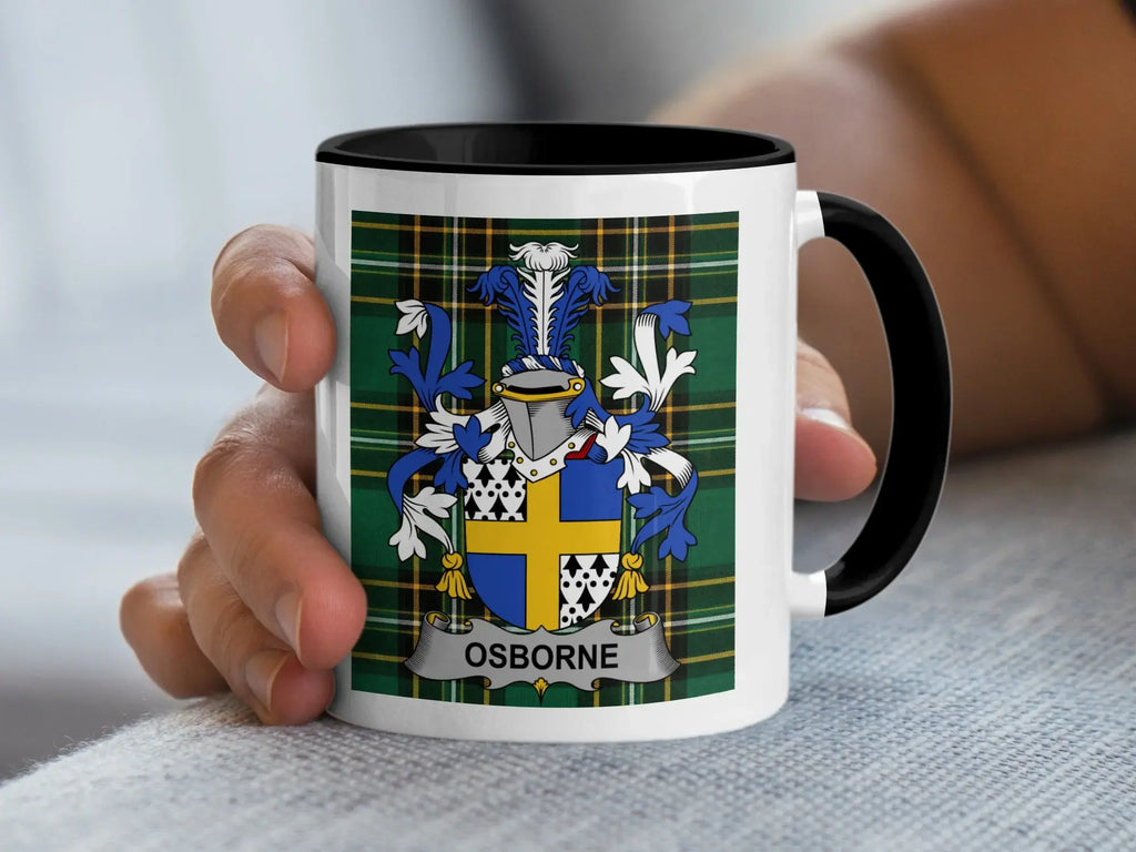 Osborne Irish family crest black accent mug with Irish National Tartan