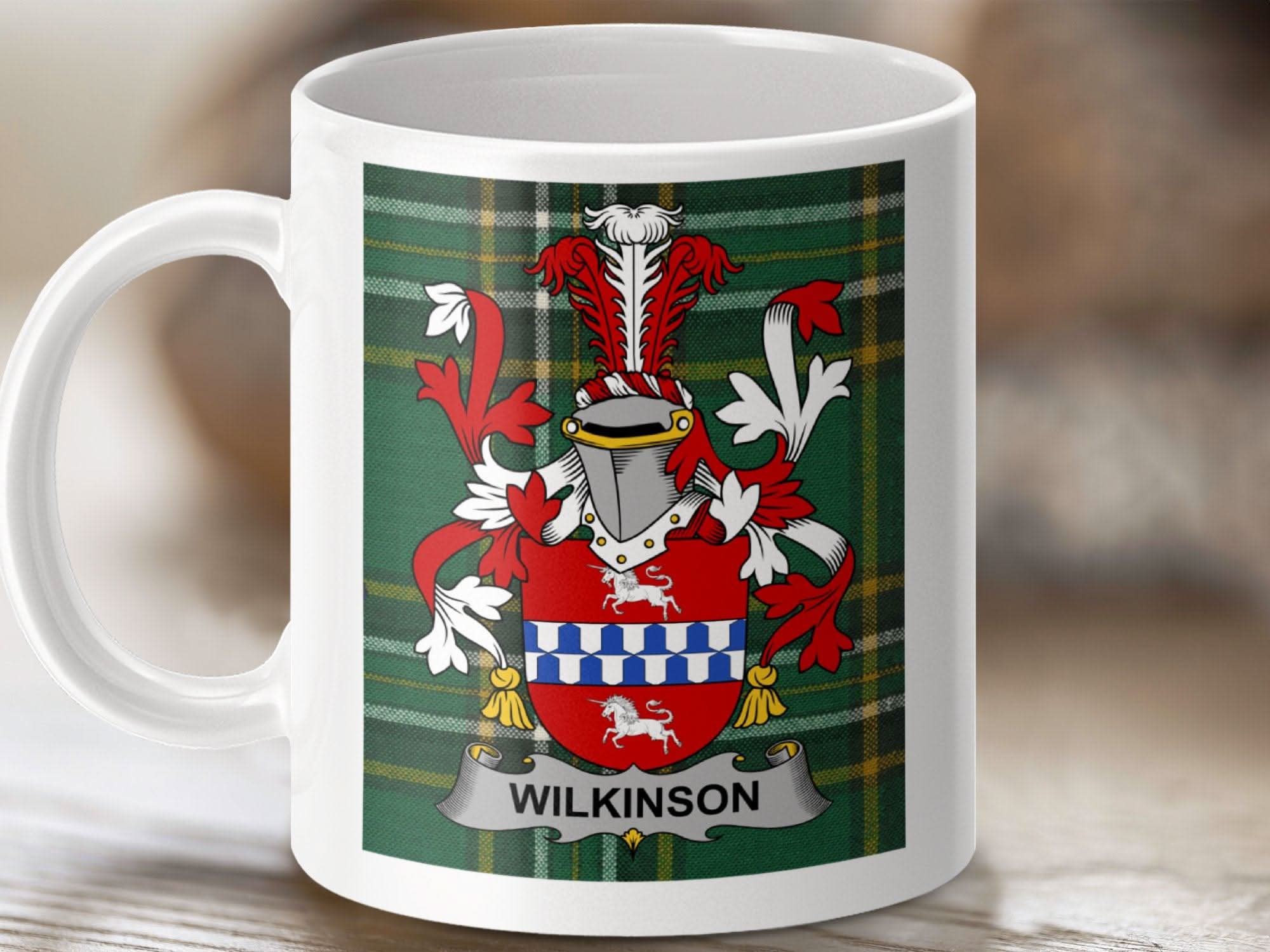 Wilkinson Surname Family Crest Irish Tartan Mug - Celtic Ancestry Gifts