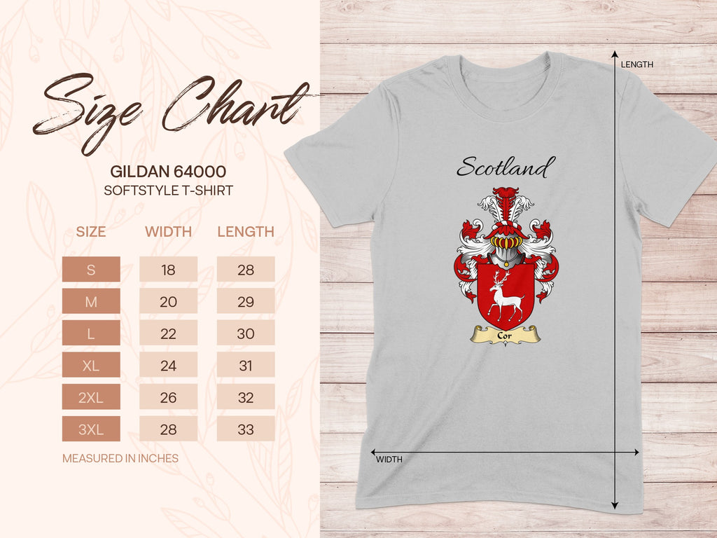 Gildan 64000 size chart for the Cor unisex T-shirt, sizes S to 3XL