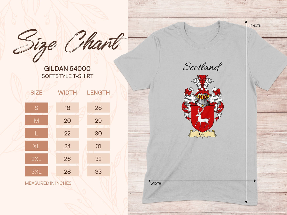 Gildan 64000 size chart for the Cor unisex T-shirt, sizes S to 3XL
