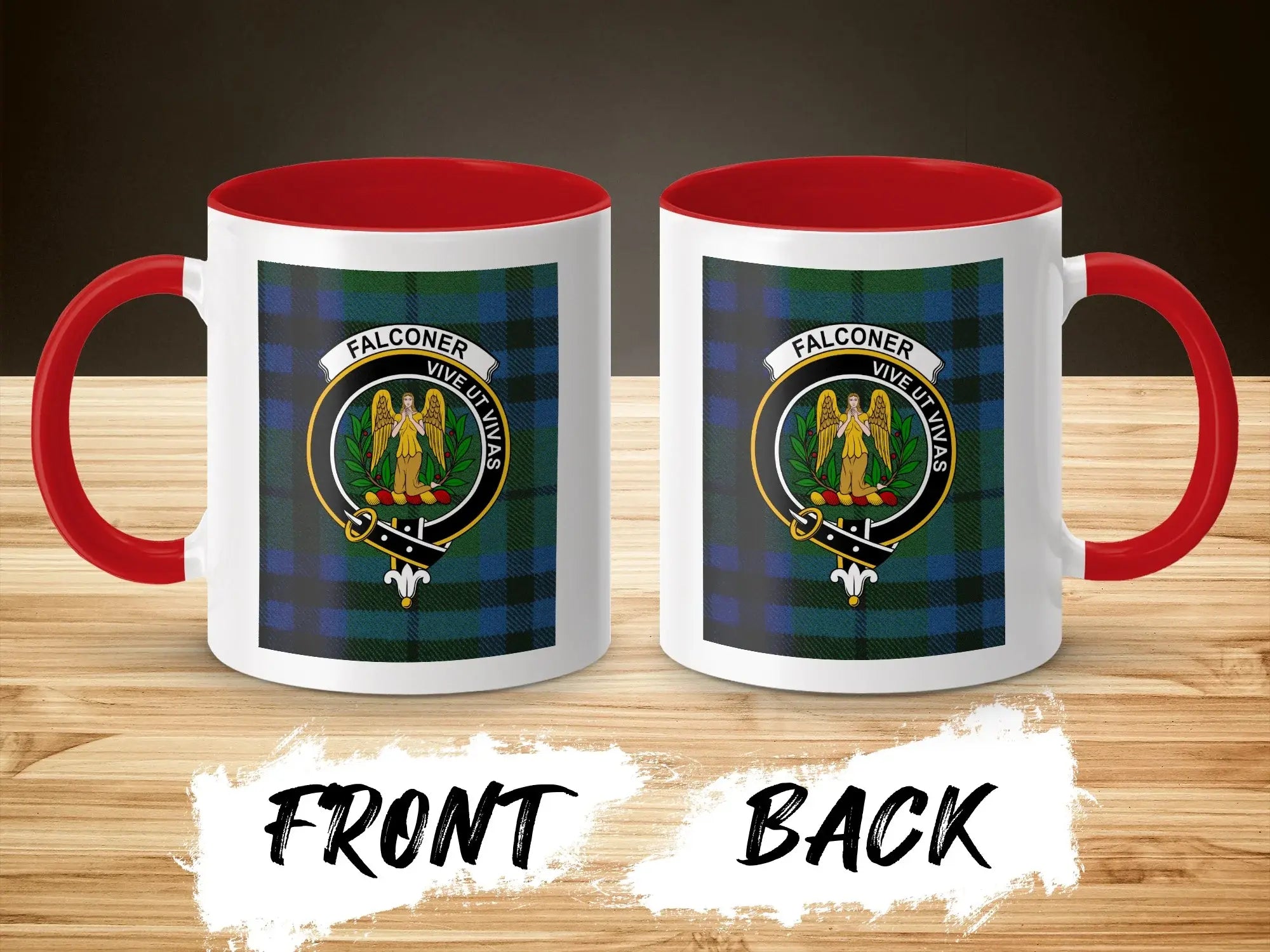 Clan Falconer accent mug in red — close-up of crest and tartan design, 11oz