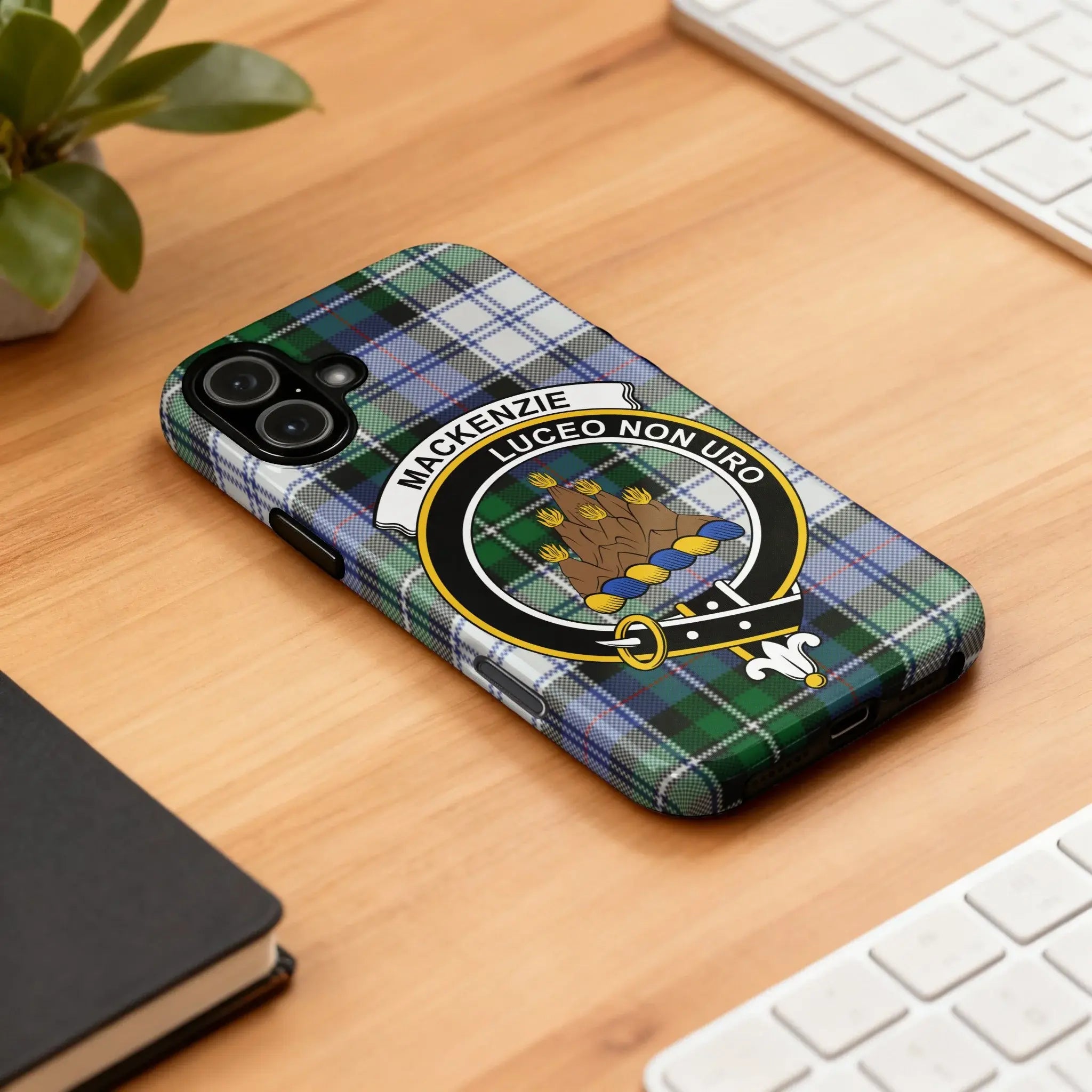MacKenzie Luceo Non Uro tartan iPhone case accessory — full heraldic wrap on glossy impact-resistant shell