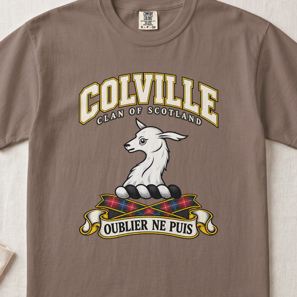 Colville Scottish clan T-shirt in Espresso, front view with a white animal head and motto design.