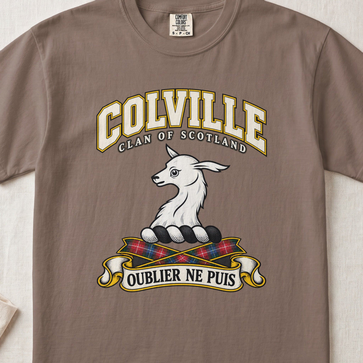 Colville Scottish clan T-shirt in Espresso, front view with a white animal head and motto design.