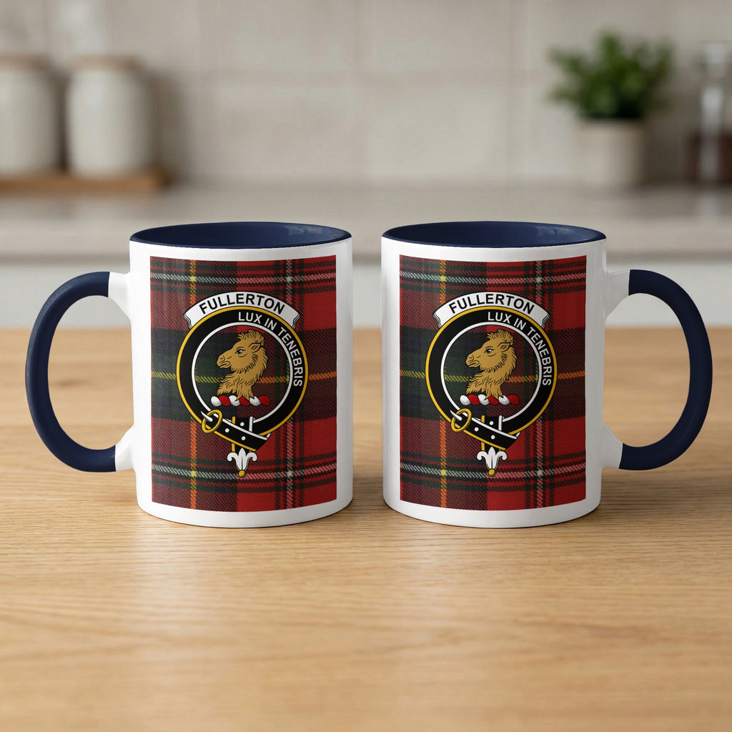 Pair of Fullerton Scottish family crest 11 oz mugs with navy accents and a tartan background