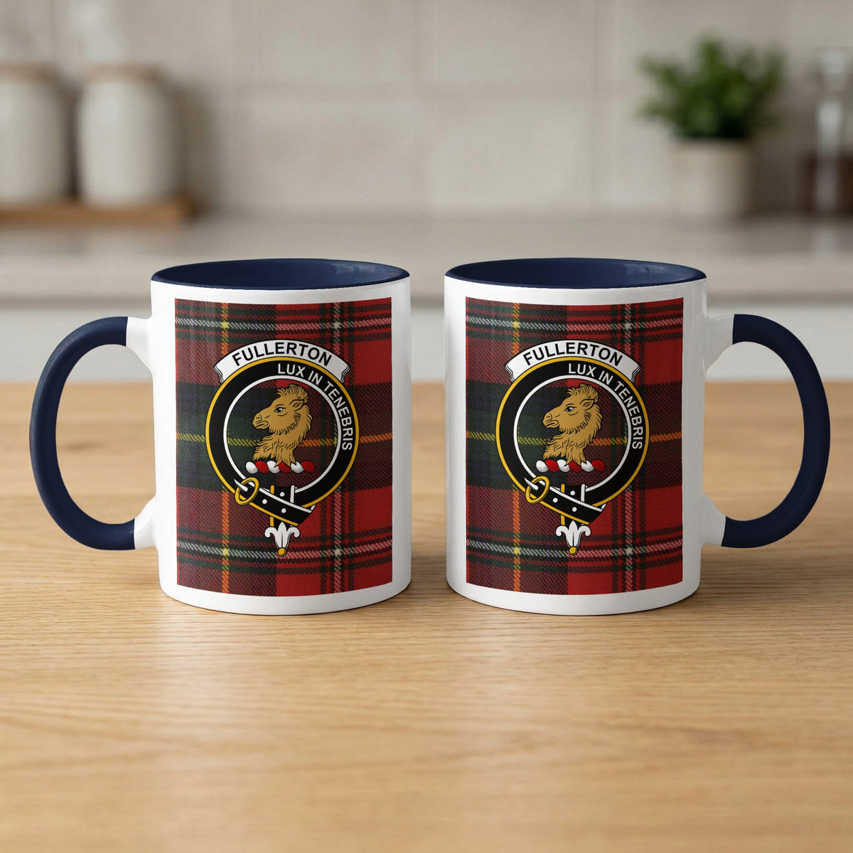 Pair of Fullerton Scottish family crest 11 oz mugs with navy accents and a tartan background