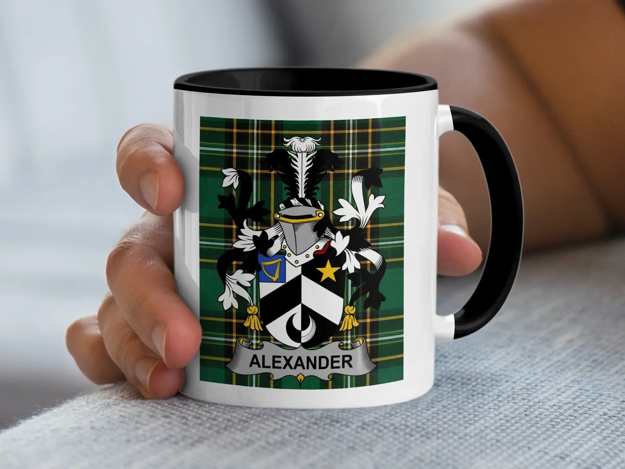 Alexander Irish National Tartan accent mug with black handle and family crest