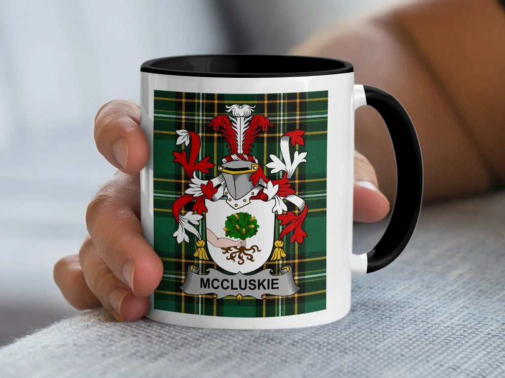 McCluskie Irish family crest black accent mug