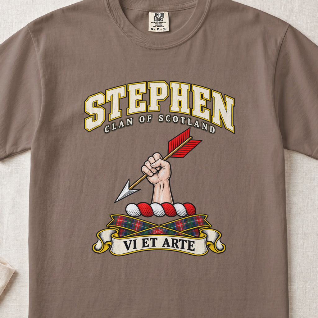 Stephen Scottish clan T-shirt in Espresso, front view with a hand holding an arrow with red feathers and motto design.