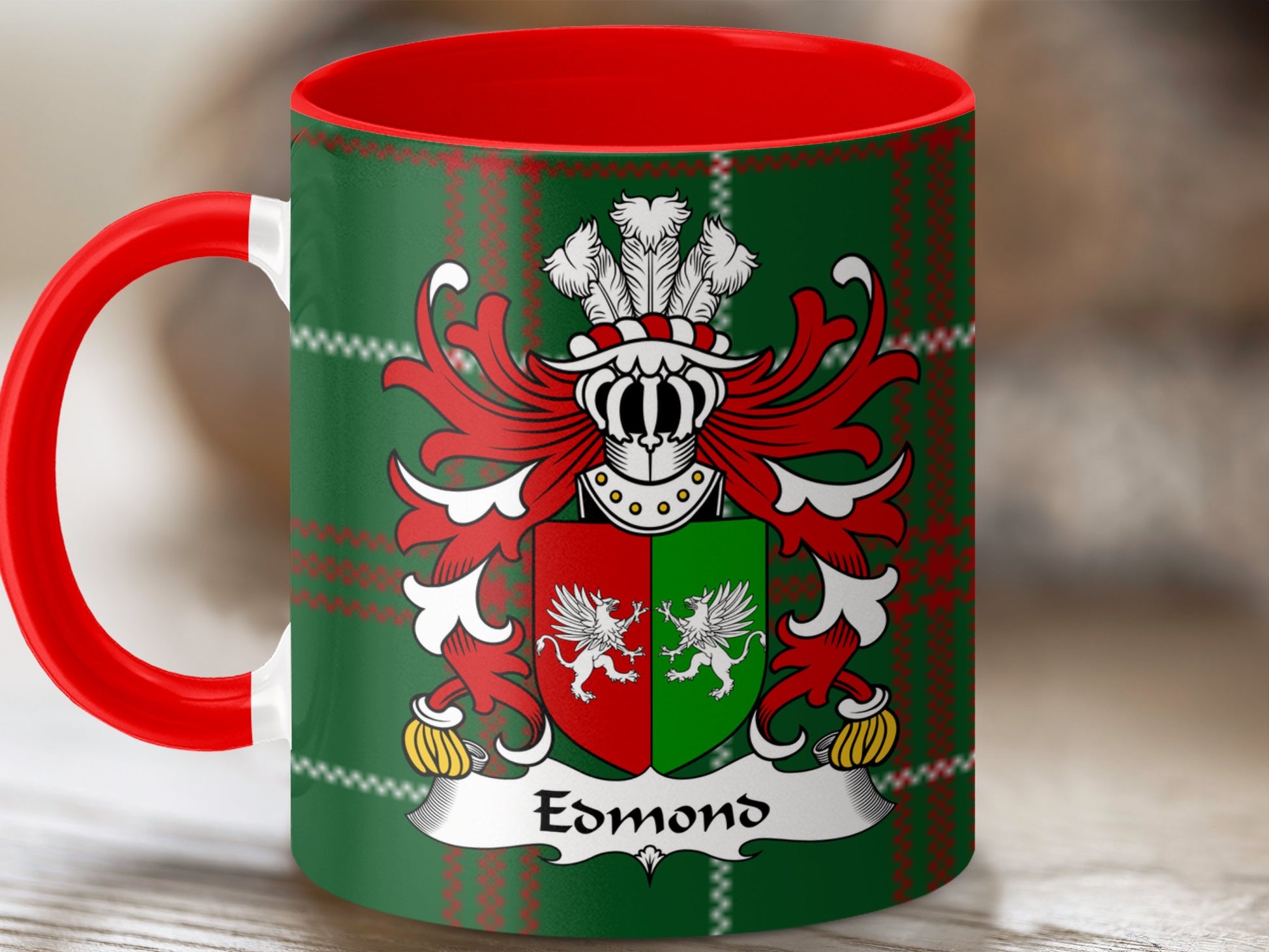 Edmond Welsh Surname Coat of Arms Tartan Background Mug - Living Stone Gifts