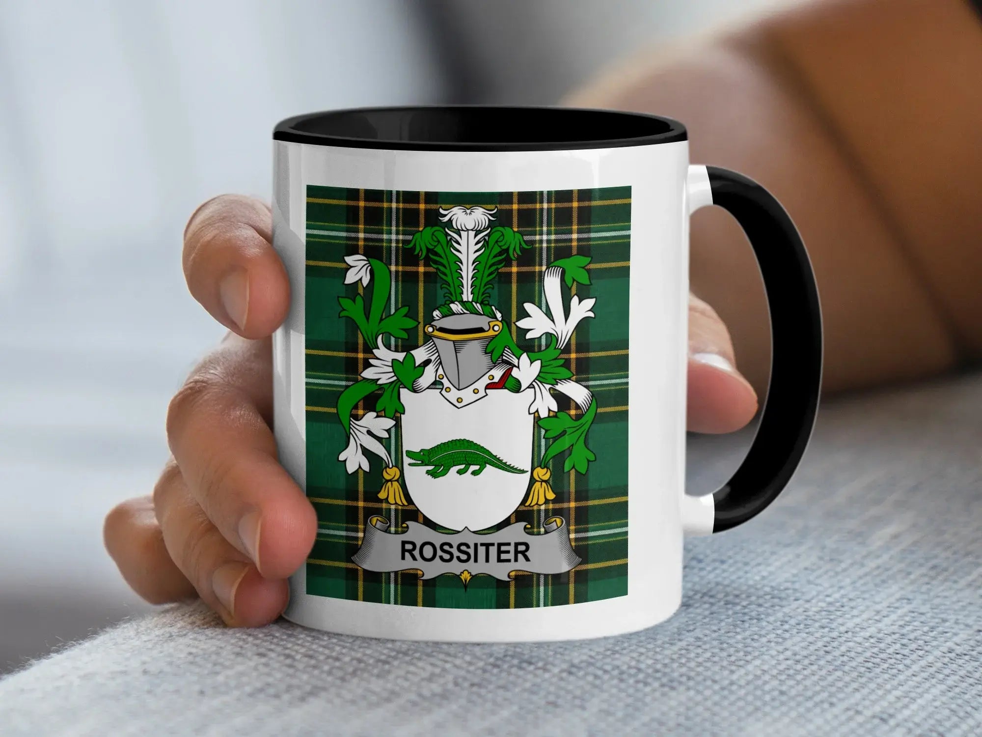 Rossiter Irish family crest black accent mug on Irish National Tartan