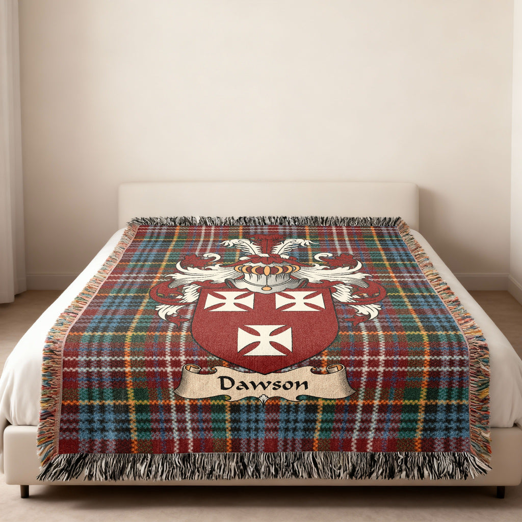 Dawson Scottish family shield woven blanket on a Caledonia tartan background