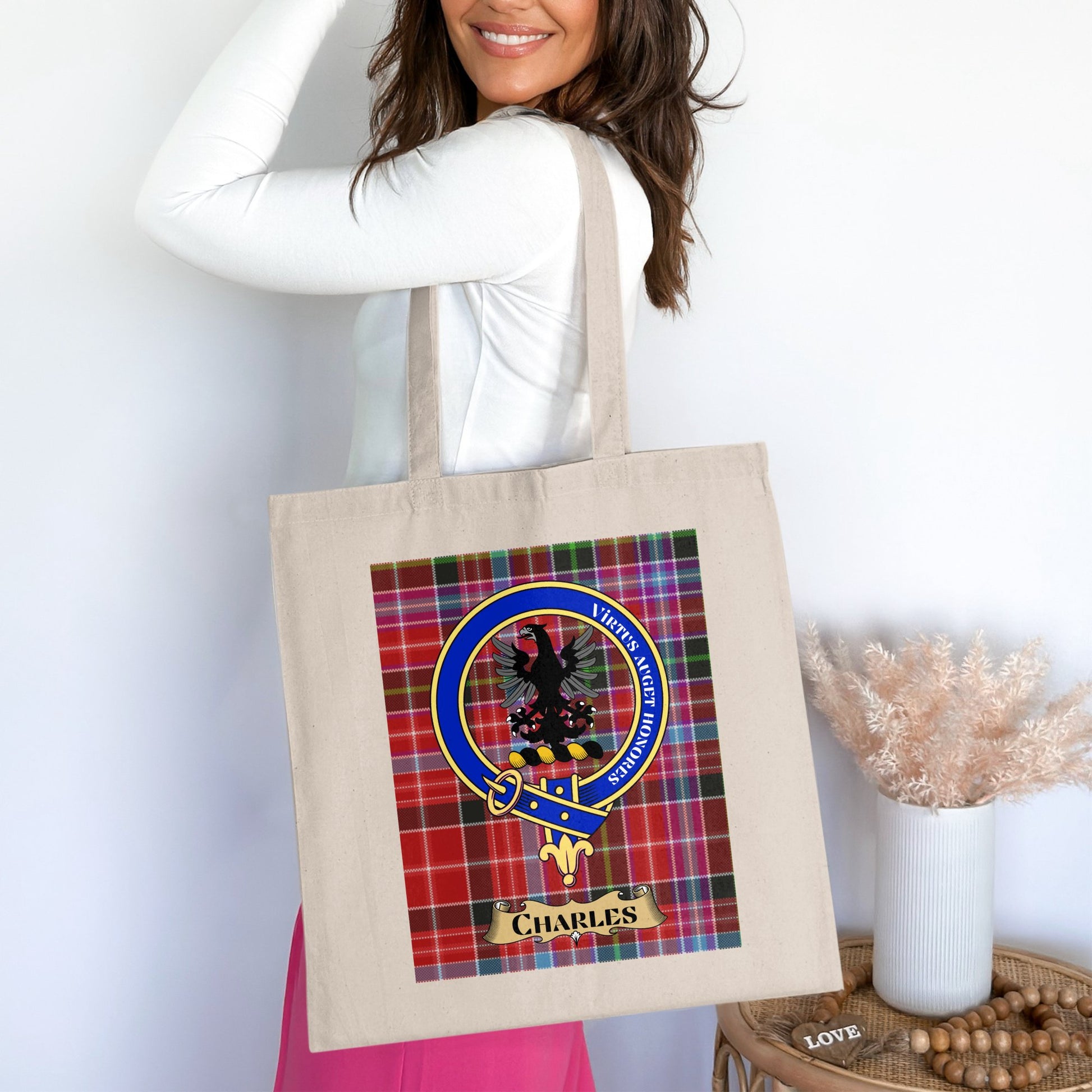 Charles Scottish Clan Crest Tartan Pattern Tote Bag - Living Stone Gifts