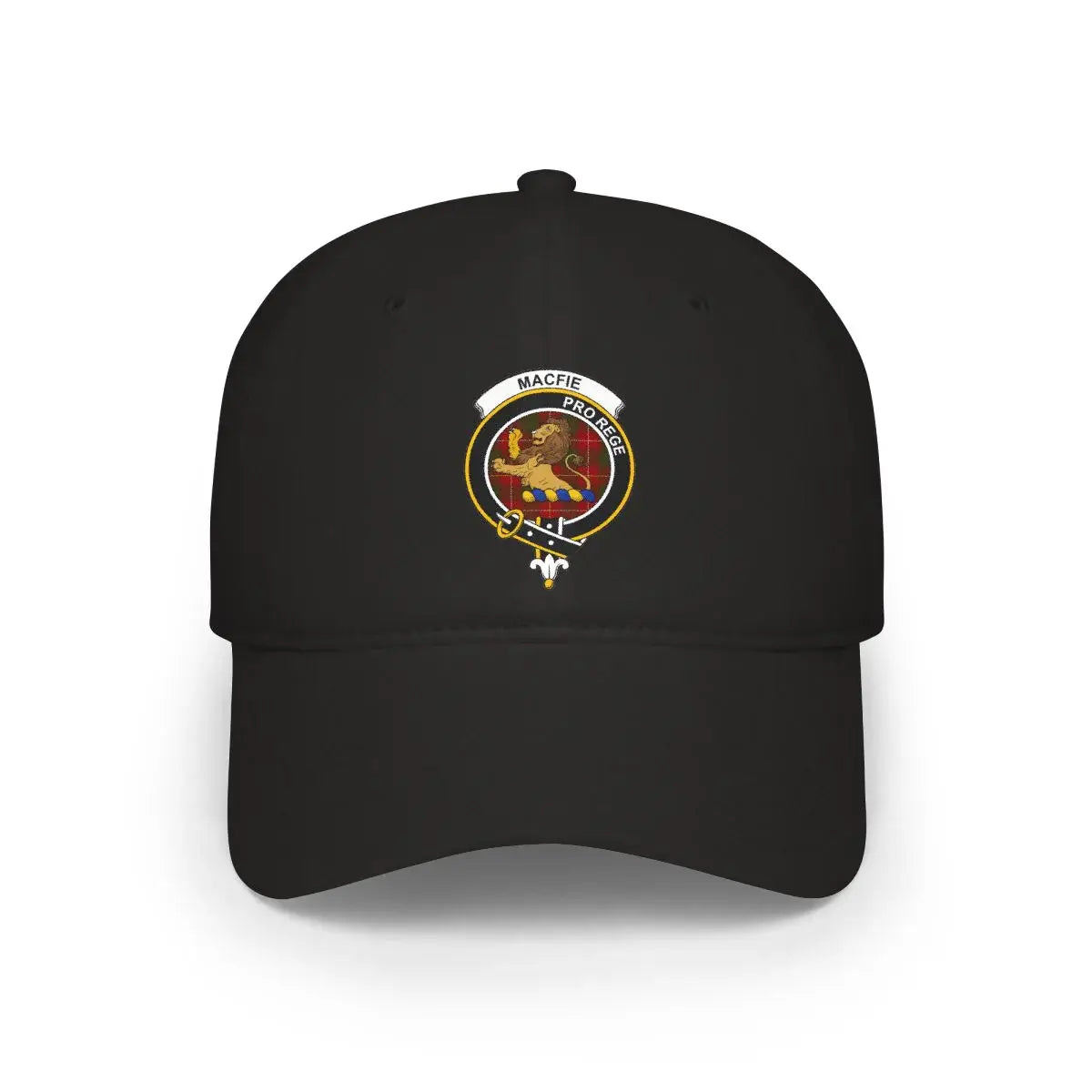 MacFie Pro Rege lion crest printed on front panel of cotton cap — close-up design detail