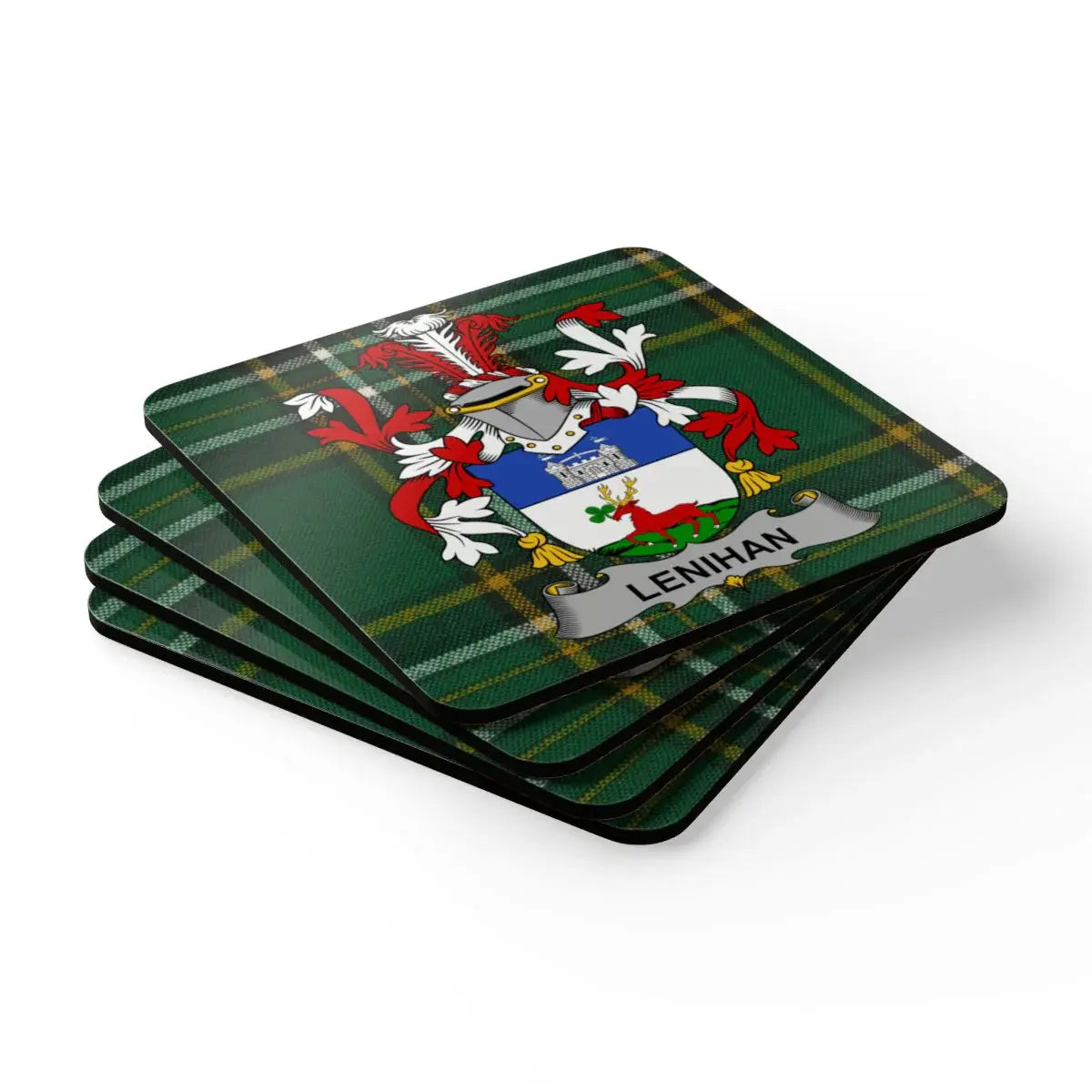 Lenihan Crest on Green Plaid Pattern Coaster Set product type