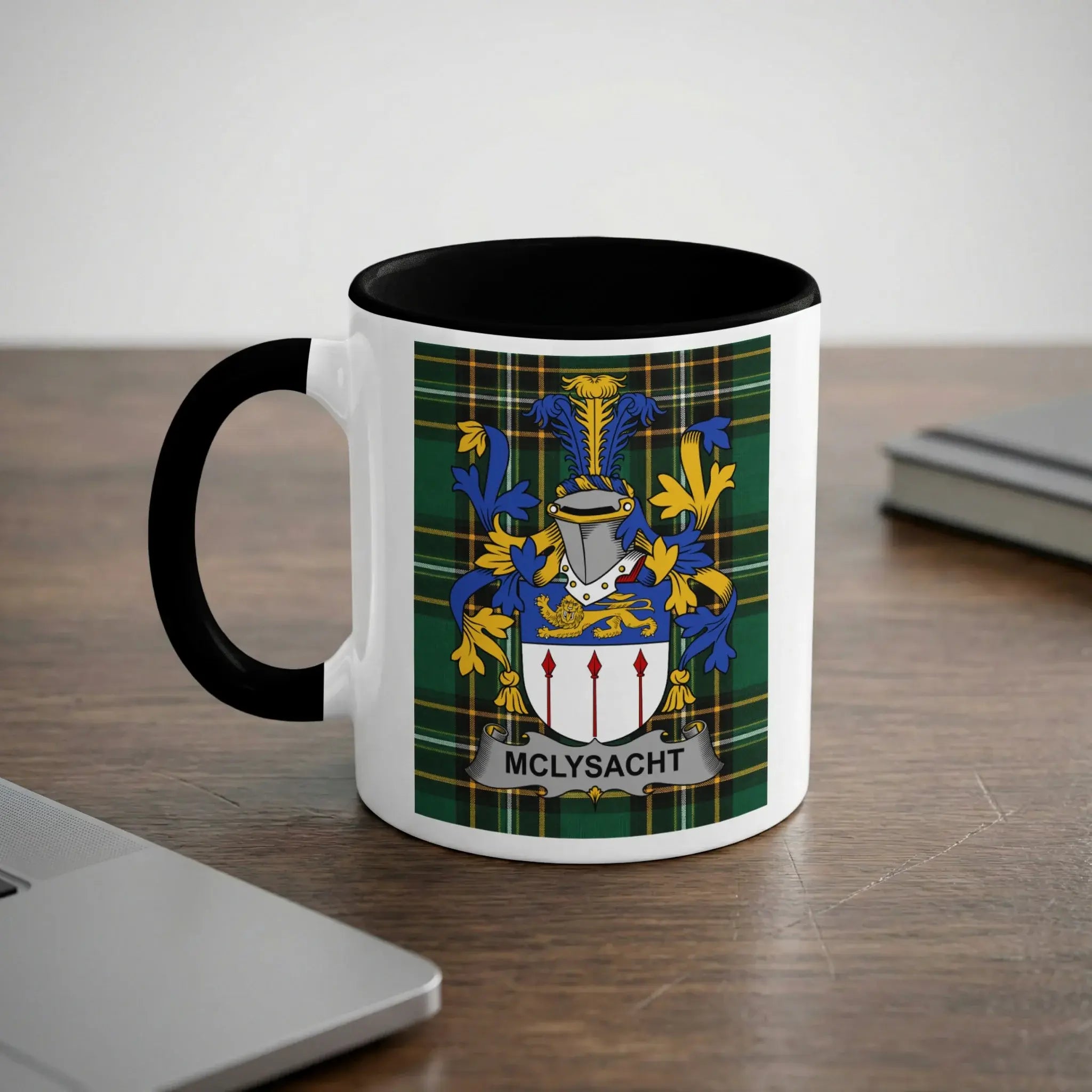 White mug with black rim featuring the Clydesdale coat of arms and the name "MCCLYSACK".