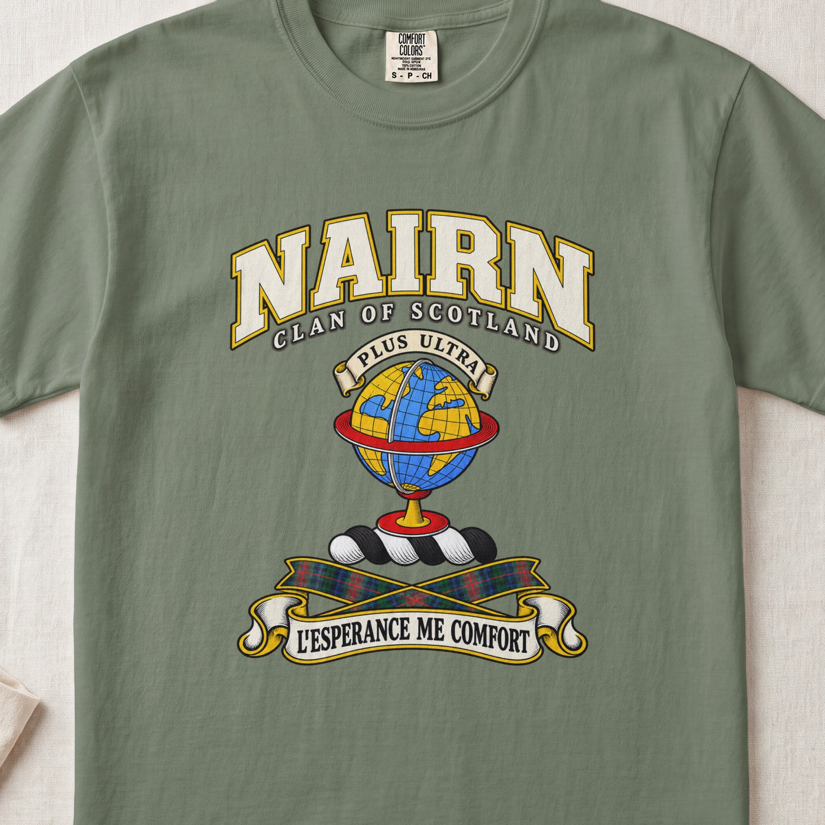 Nairn Scottish clan T-shirt in Moss, front view with a blue and gold globe and motto design.