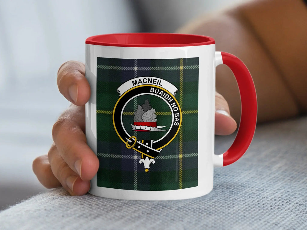 MacNeil tartan pattern across ceramic mug body — Vincere Aut Mori clan crest detail