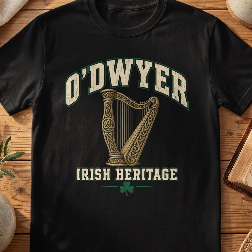 O'Dwyer Irish Heritage black Gildan 64000 T-shirt with Celtic harp design