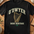 O'Dwyer Irish Heritage black Gildan 64000 T-shirt with Celtic harp design