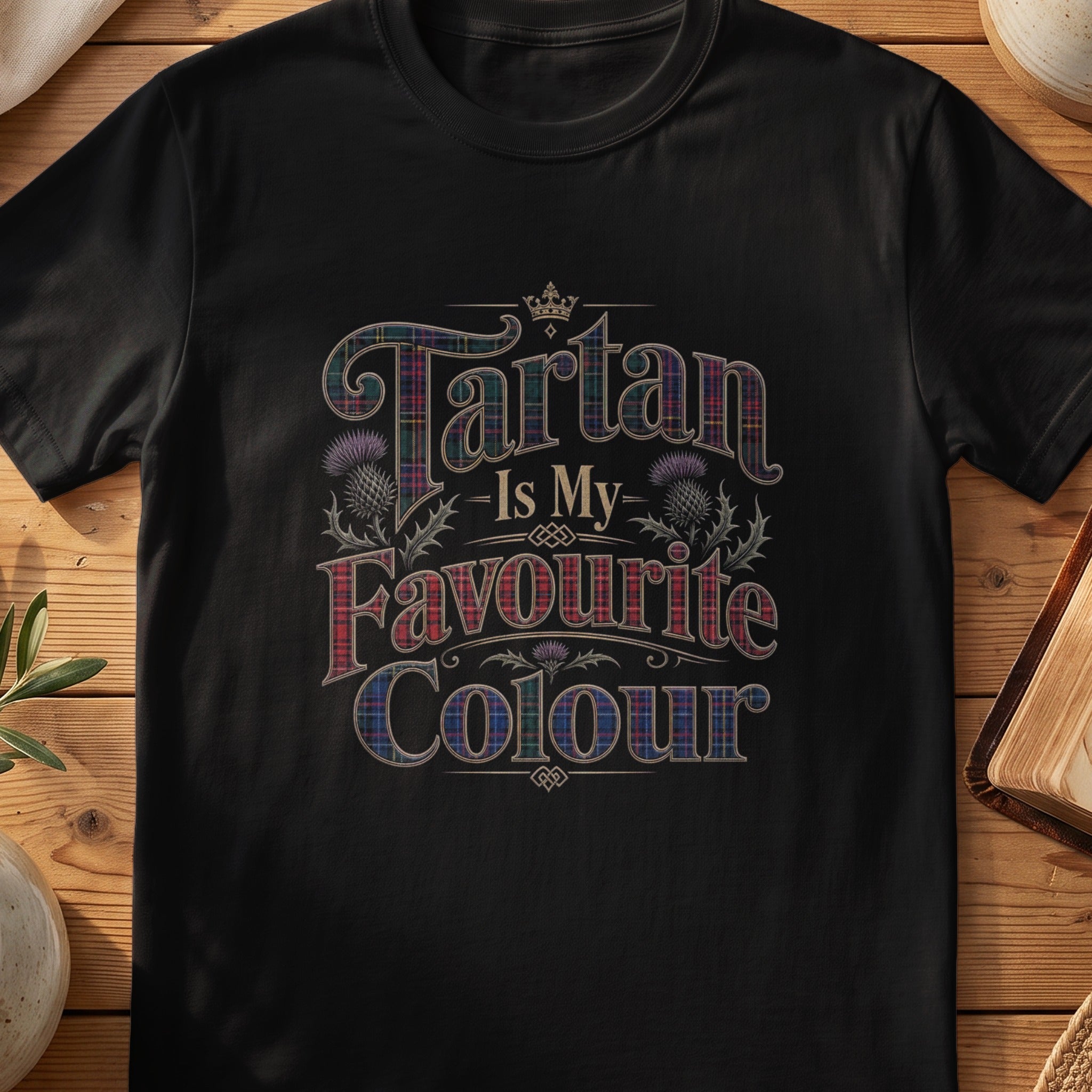 Black Gildan 64000 unisex T-shirt flatlay with Tartan Is My Favourite Colour Scottish graphic design