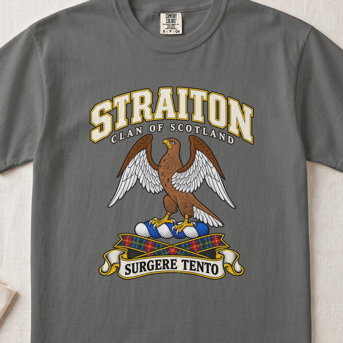 Straiton Scottish clan T-shirt in Pepper, front view with a brown eagle with spread wings and motto banner.