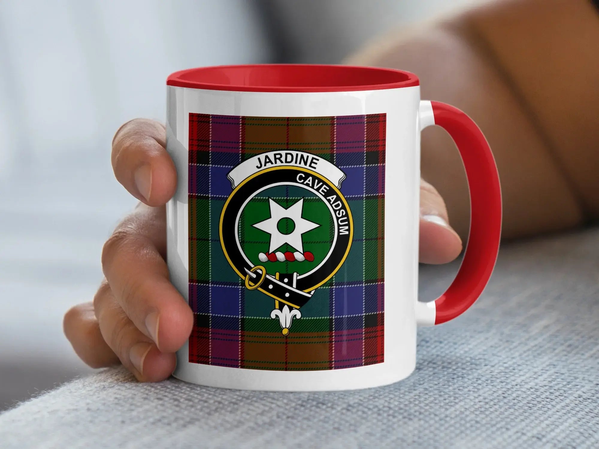 Clan Jardine tartan mug — 15 oz navy handle, glossy ceramic with tartan and crest print