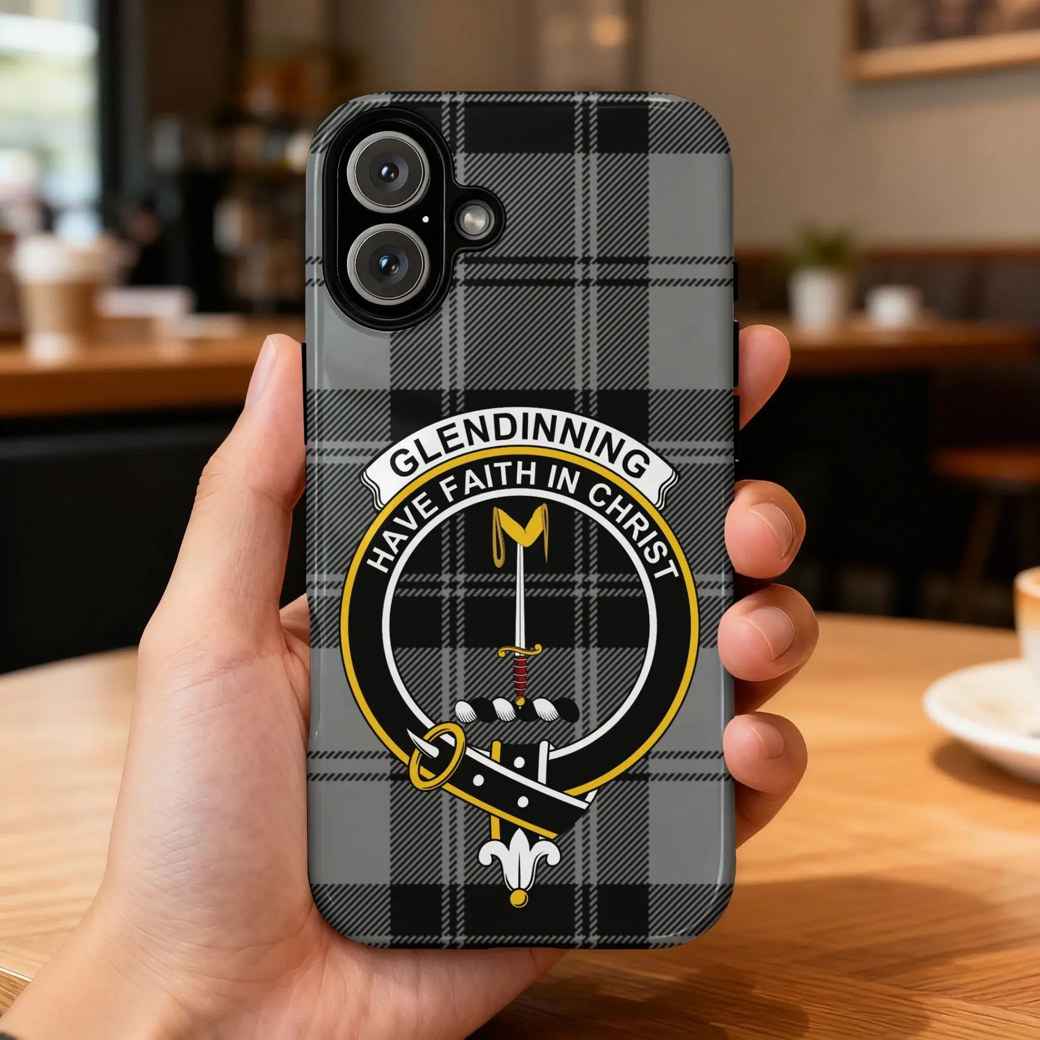 Clan Glendinning crest tartan phone case — glossy full-wrap print with clan crest and Have Faith in Christ motto on iPhone