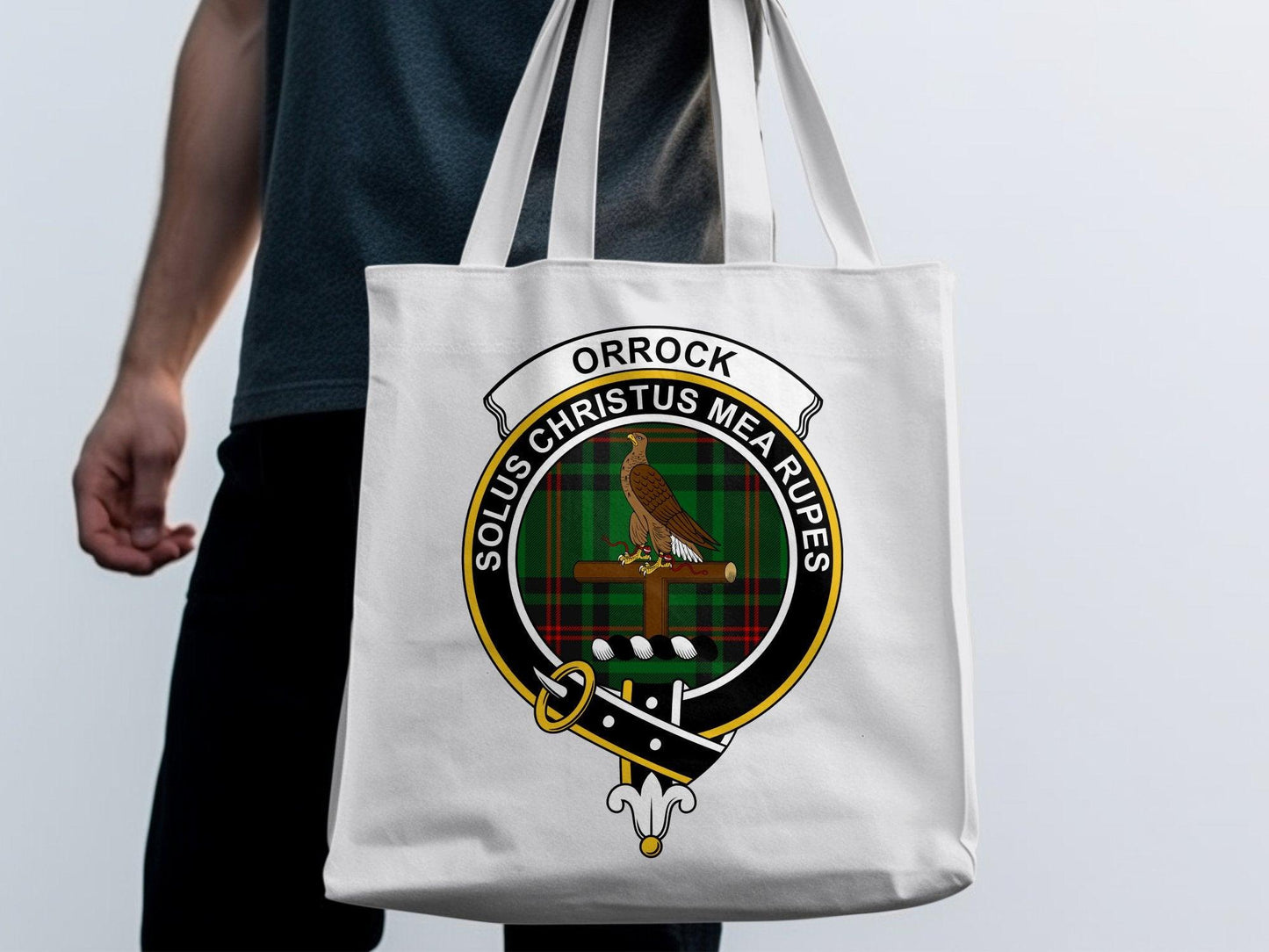Orrock Clan Crest Solus Christus Mea Rupes Tote Bags - Celtic Ancestry Gifts