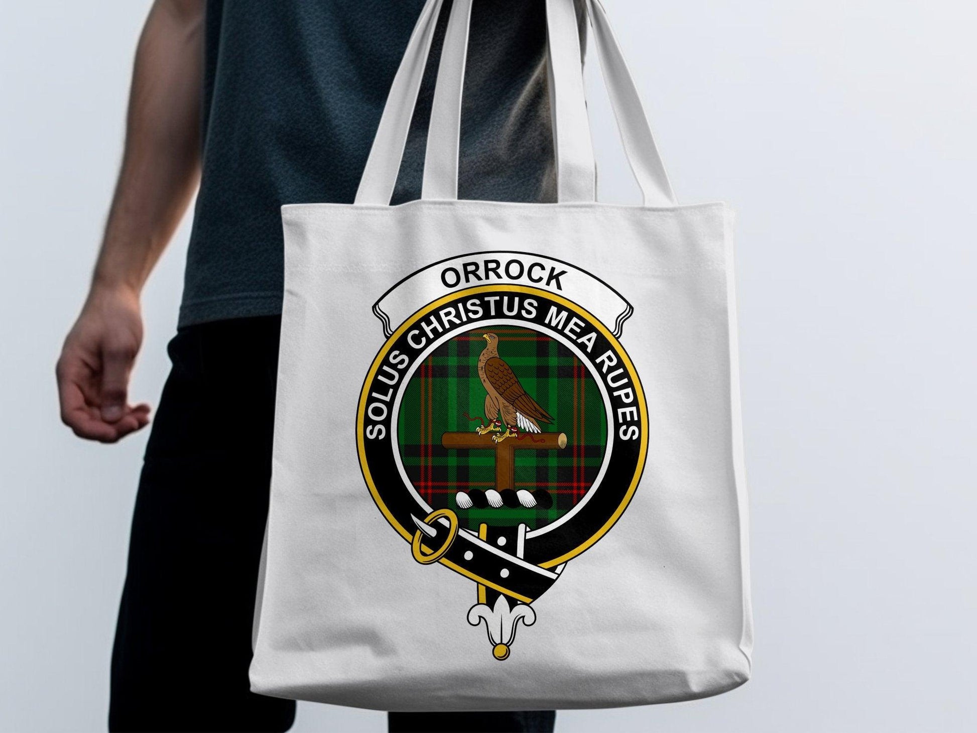 Orrock Clan Crest Solus Christus Mea Rupes Tote Bags - Celtic Ancestry Gifts