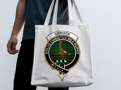 Orrock Clan Crest Solus Christus Mea Rupes Tote Bags - Celtic Ancestry Gifts