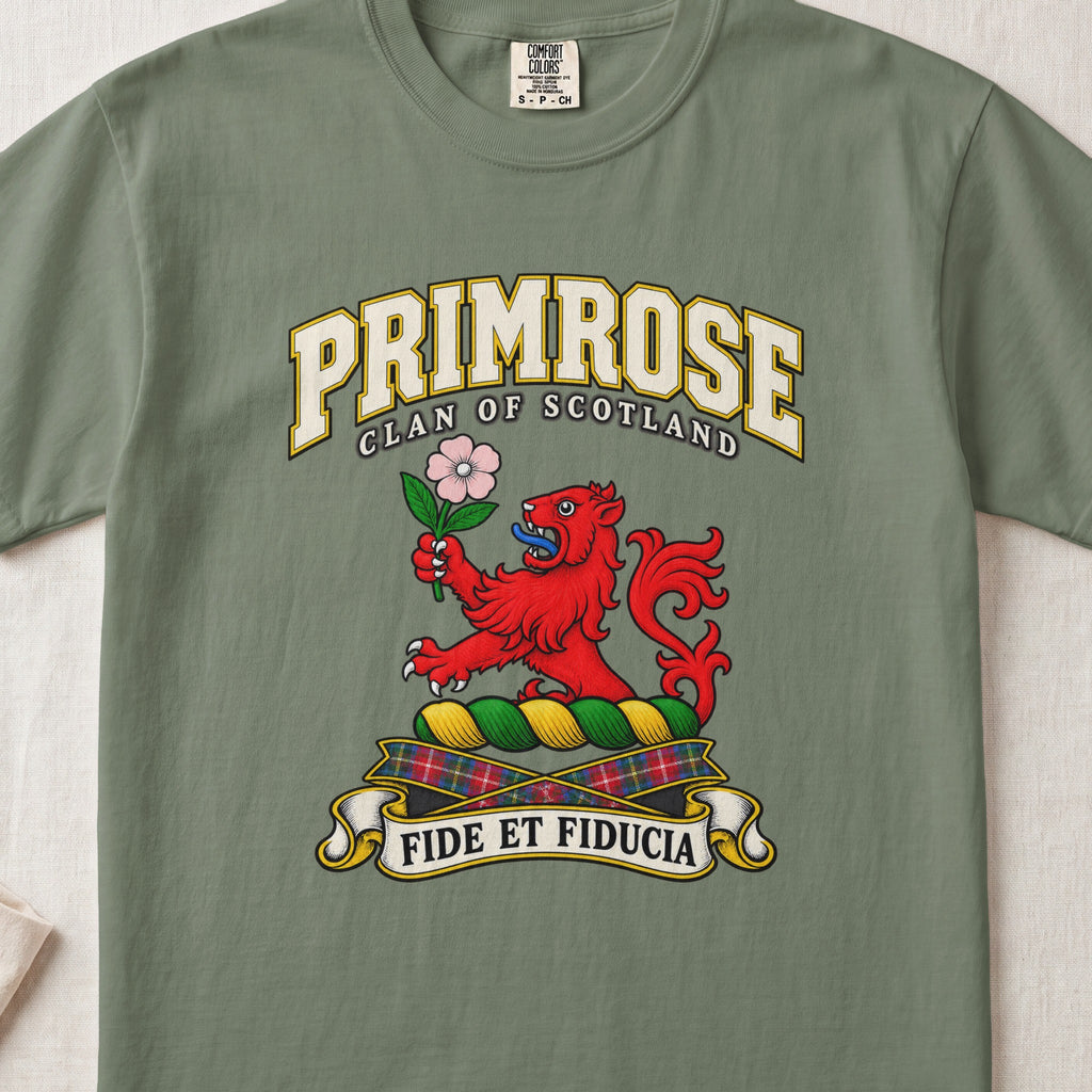 Primrose Scottish clan T-shirt in Moss, front view with a red lion holding a pink flower and motto design.