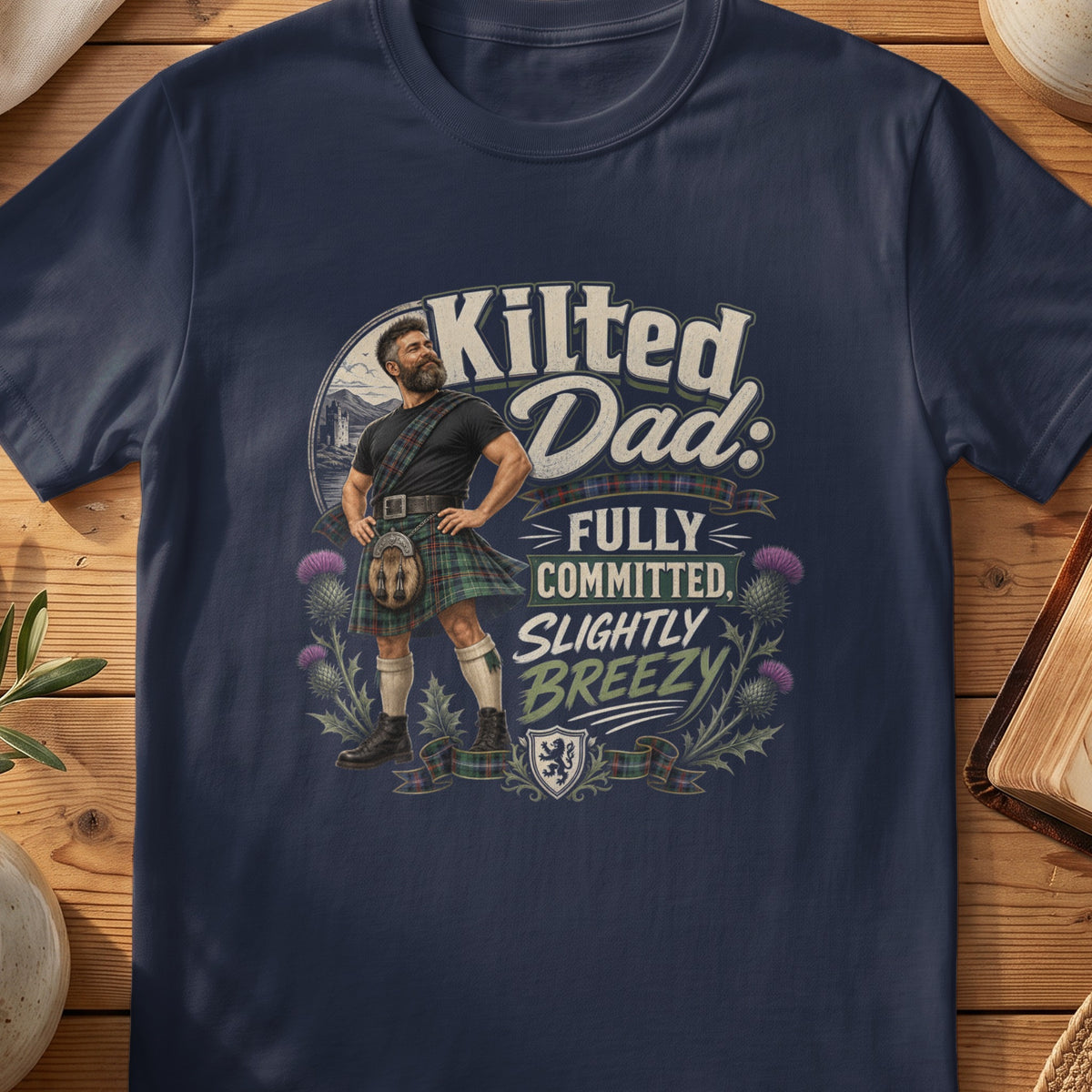 Navy Gildan 64000 unisex T-shirt flatlay with Kilted Dad Fully Committed Scottish graphic design