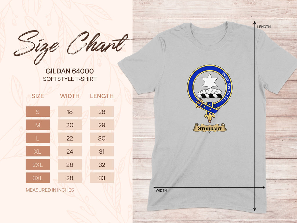 Gildan 64000 size chart for Stoddart Scottish clan crest T-shirt