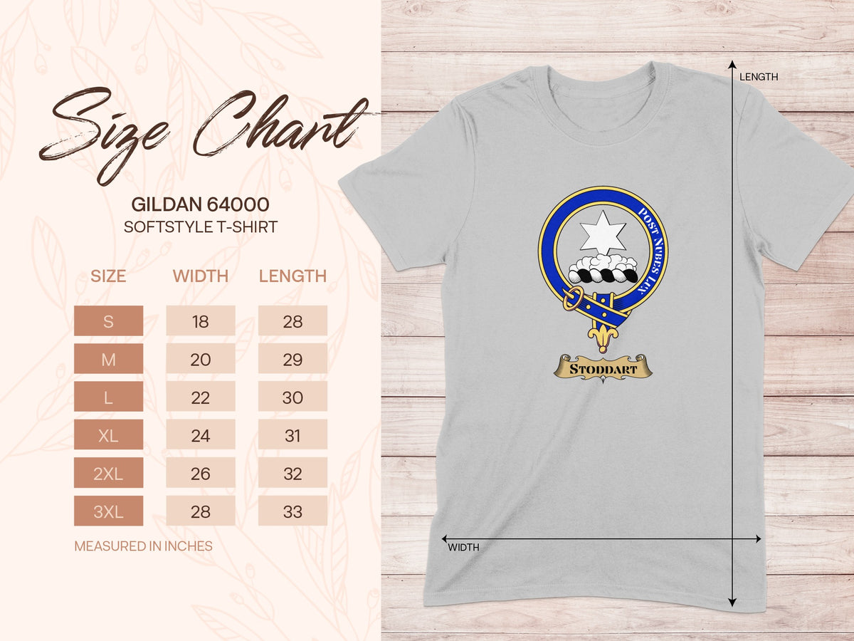 Gildan 64000 size chart for Stoddart Scottish clan crest T-shirt