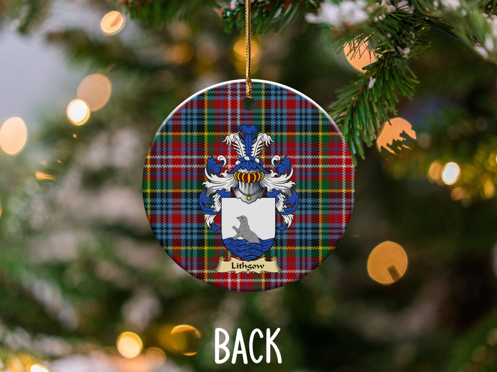 Lithgow ceramic ornament detail showing a double-sided family shield on a Caledonia tartan background